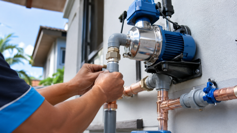 Juruteknik menyambung paip water pump ke sistem bekalan air rumah