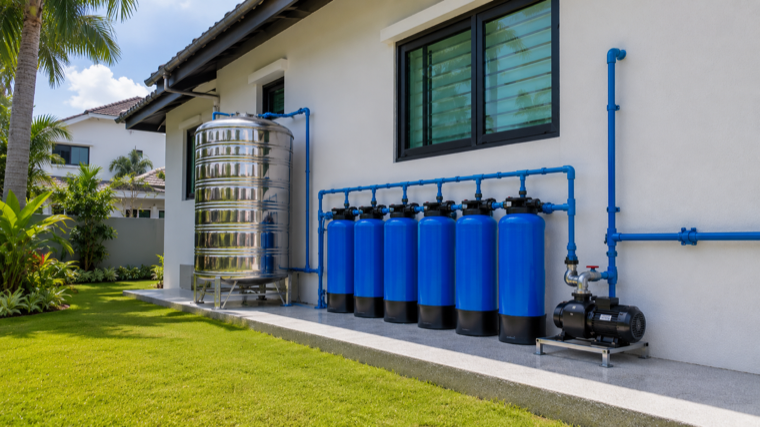 Sistem penapisan air besar — tangki air, pam, dan enam tabung penapis